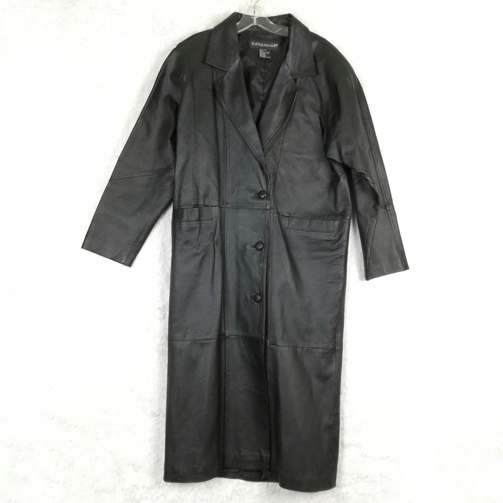 Vtg Savannah Womens Jacket Leather Trench Coat Black Duster Button S